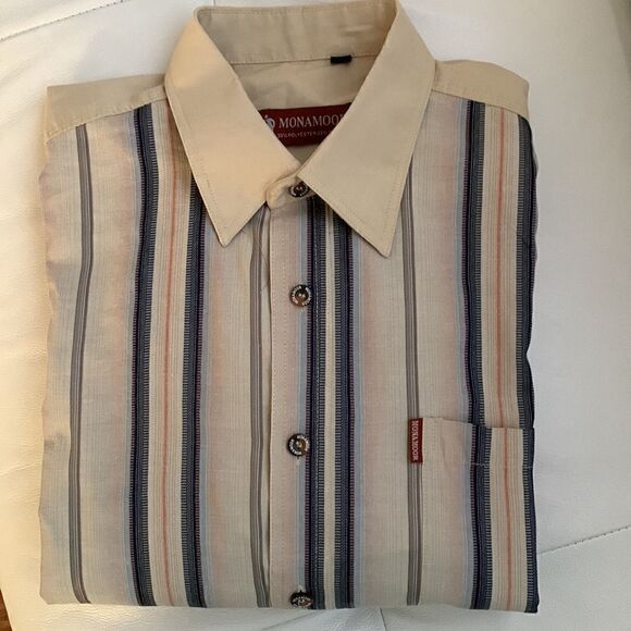 MonaMoor Cotton Blend Striped Button Down Shirt Size L - Picture 1 of 12